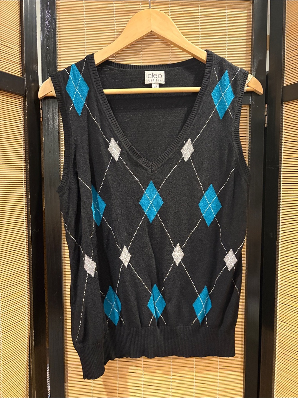 cleo Black Argyle V-Neck Sweater Vest with Blue and Light Gray Diamonds